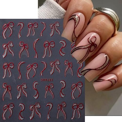 1pcs Bowknot Nail Stickers Golden Red Cute Sweet Self-Adhesive Nail Art Decoration Decals For Nail Tips