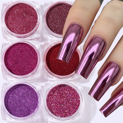 6jars/set Magic Mirror Pink Series Nail Glitter Powder Metallic Chrome Pigment For Nail Punk Rubbing Dust DIY Flash Manicure Decor