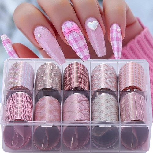 1box Nail Art Foil Transfer Paper Pink Grid Pattern Nail Stamping Stickers Sweety Cowboy Style Manicure Decals for DIY