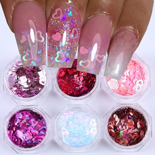 6jars/set Holographic Hollow Heart Nail Sequins Art Valentine Pink Red Purple Mini Love Spangles Sweet Glitter Flakes Manicure Decor