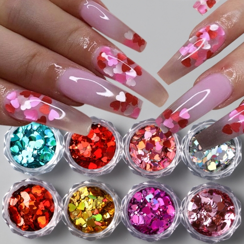 8colors/set Mixed Size Love Heart Nail Glitter Sequin Romantic Shiny Laser Heart Charms for Nails Y2K Valentine's Day Nail Accessories