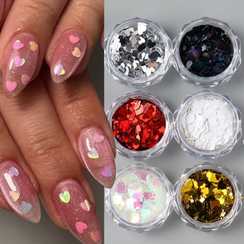 6colors/set Love Heart Nail Sequins Flakes Glitter Red Gold Sliver Black White Holographic Heart Valentine Nail Art Decoration