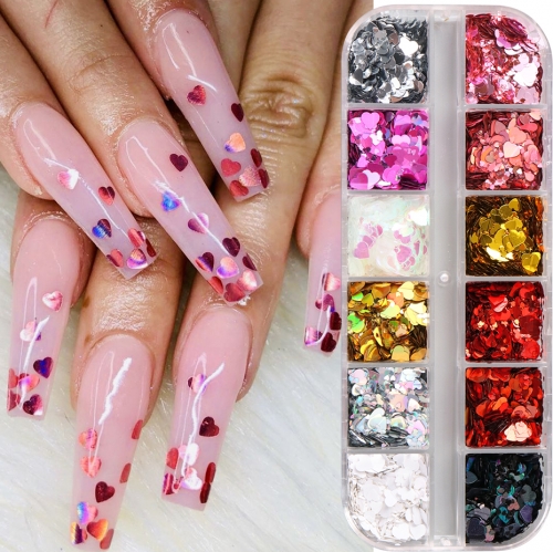 1box Sparkly Heart Nail Glitter Sequins Mixed Love Heart Holographic Mirror Flakes Cute Valentine Nail Decor Accessories