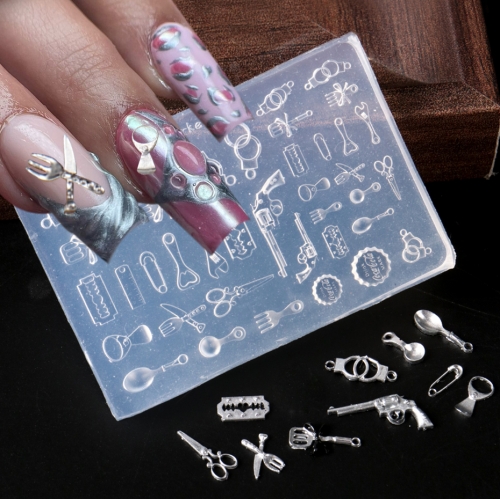 1pcs 3D Nail Silicone Nail Carving Mold Funny Tableware Handcuffs Toys Resin Design Nail Art Print Stencils DIY Manicure Mold Tools