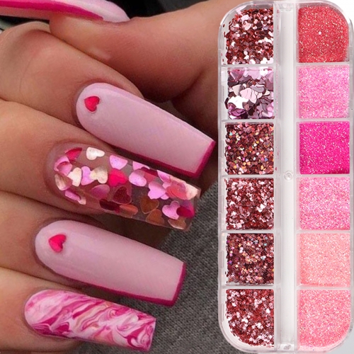 1box Pink Candy Nail Art Glitter Powder Sugar Effect Chrome Pigment Dust Mini Love Heart Sparkly Sequin Flakes Decoration
