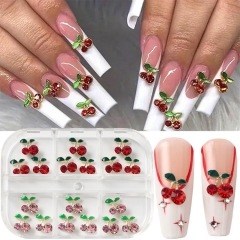 1box 3D Cherry Rhinestone Nail Art Charms Red Pink Cherry Crystal Nail Gems with Green Leaves Fruit Series Nail Art Jewelry