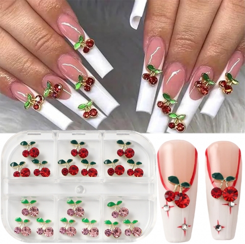 1box 3D Cherry Rhinestone Nail Art Charms Red Pink Cherry Crystal Nail Gems with Green Leaves Fruit Series Nail Art Jewelry