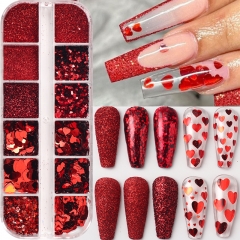 1box Red Heart Valentine Nail Glitter Sequins Fine Chrome Powder 3D Hexagon Flakes Dust French Manicure Wedding Nail Decoration