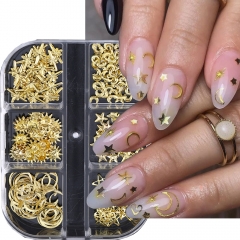 1box Gold Star Moon Metallic Rivet 3D Nail Charms Alloy Sun Moon Starlight Rhinestones Nail Studs For Nail Art Decoration