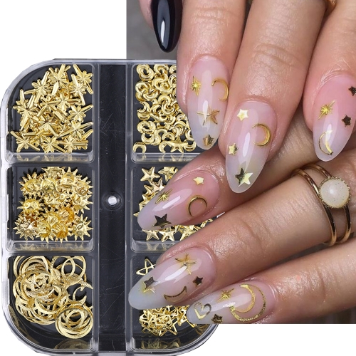 1box Gold Star Moon Metallic Rivet 3D Nail Charms Alloy Sun Moon Starlight Rhinestones Nail Studs For Nail Art Decoration