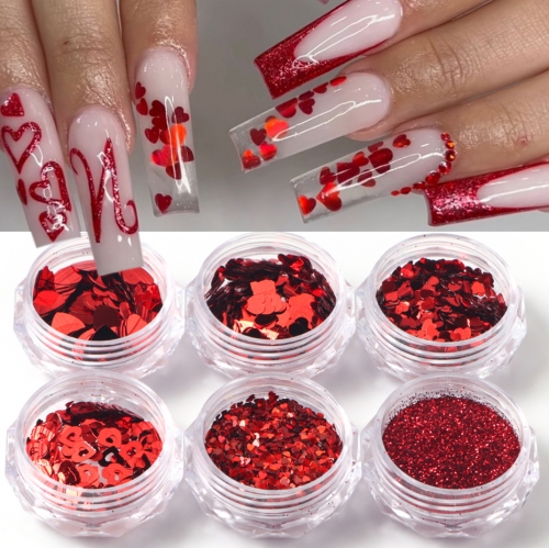 6jars/set Glitter Hollow Red Heart Nail Charms Multi-sized Love Heart Sugar Powder Sequins for Nails Valentine's day Nail Decoration
