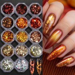 14colors/set Holographic Red Gold Silver Nail Art Sequins Glitter 3D Sparkly Mermaid Hexagon Flakes Powder Nail Art Decoration