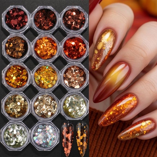14colors/set Holographic Red Gold Silver Nail Art Sequins Glitter 3D Sparkly Mermaid Hexagon Flakes Powder Nail Art Decoration