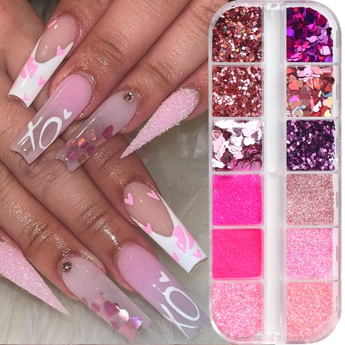 1box Laser Heart Glitter Sequins for Nails Pink Series Shiny Sugar Nail Art Powder Valentine's Day Romantic Nails Decoration