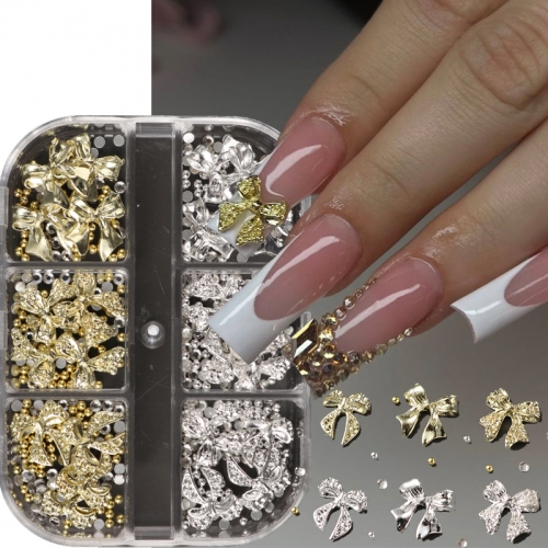 1box Golden Silvery Metal Bow Knot & Star Nail Decoration Cute Bowknot Punk Star with Small Steel Ball Design DIY Nail Decor