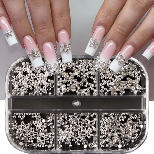 1box Silvery Hollow Star Nail Charms Decorations With Rhinestones 3D Alloy Nail Art Jewelry Shiny Nail Art Decoration