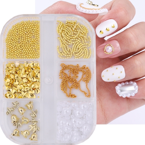 1box Metal Love Heart Nail Art Charms Gold Heart Rhinestone Mixed Caviar Beads Flat Half Pearl Nail Art Decoration