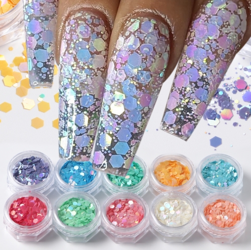 10colors/set Nail Hexagon Glitter Powder Sequins Sparkly Paillette Charms For DIY Nail Epoxy Nail Art Decoration