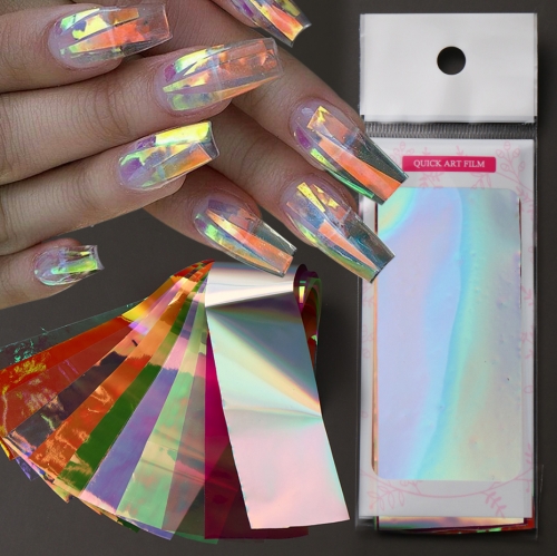 12colors/bag Holographic Aurora Film Nail Glass Foils Sparkly Ice Cube Transfer Paper Cellophane Sliders Full Cover Wraps Manicure Decor