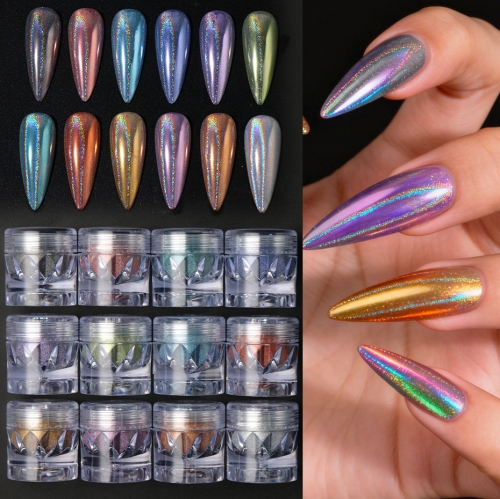 12colors/set Laser Nail Glitter Holographic Powder for Nails Mirror Polishing Chrome Pigments Shimmer Dip Powders Nail Art Decorations