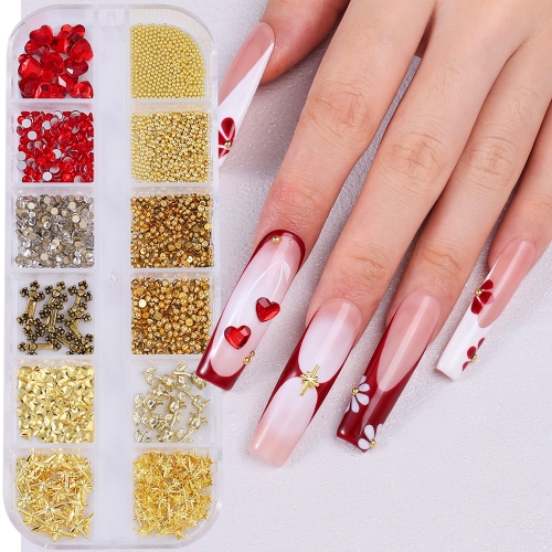 1box Gold Rose Flower Cross Heart 3D Nail Charms Nail Beads Rhinestones Nail Studs For Nail Art Decoration