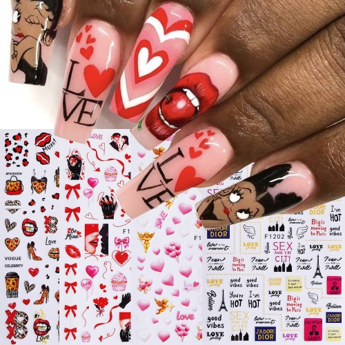 1pc Nail Stickers Romantic Valentine's Day Nail Art Supplies Heart Lip Nail Decals Letter Love Rose Stickers For Nails