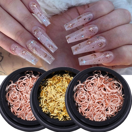 1jar 3D Gold Moon Stars Nail Rivets Mixed Sparkle Rhinestones Hollow Moon Metal Manicure DIY Supplies for Women Nail Decal