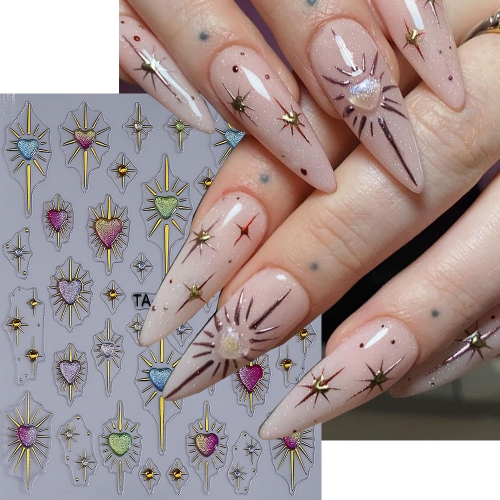 1pcs 5D Shimmer Heart Embossed Nail Sticker Metallic Gold Crystal Star Sunlight Gradient Adhesive Decal DIY Valentine Manicure Design