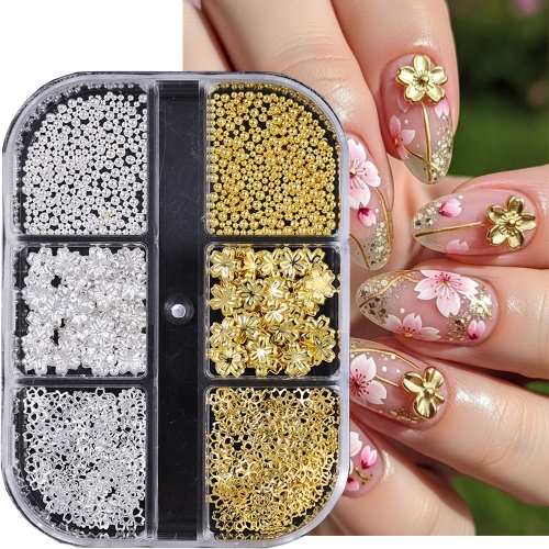 1jar or 1box Nail Art Charms Gold Silver Steel Bead Flower Nail Parts Manicure Material Nail Art Decoration Accessories