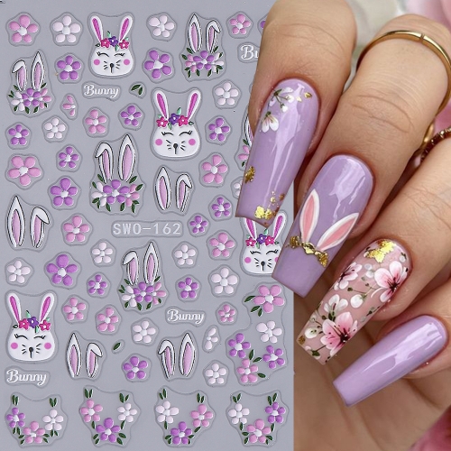 1pc 5D Embossed Easter Nail Sticker Cute Rabbit Flower Eggs Nail Art Sticker Decal DIY Manicure Decoration Nail Art Accessories