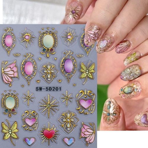 1pcs 5D Retro Heart Star Nail Art Stickers Decoration Retro Style Sun Gem Line Pattern Decal DIY Manicure Sliders