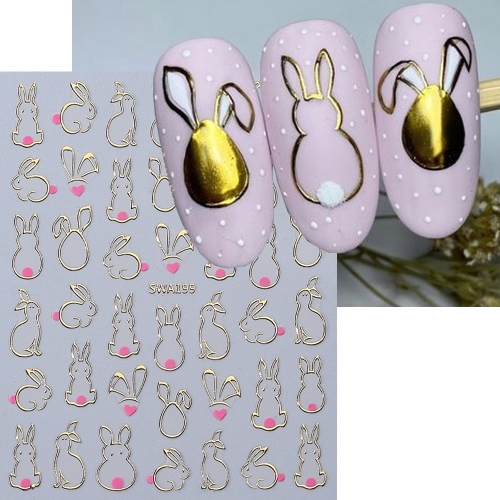 1pcs Metal Adorable Hollow Bunny Nail Sticker Gold Silver Simple Line Design Decals Pink Heart Easter Foils Wraps Manicure Decor