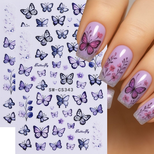 1pcs Elegant Butterfly Nail Manicure Stickers Blue Butterflies Retro Flowers Adhesive Decal Nail Art Accessories