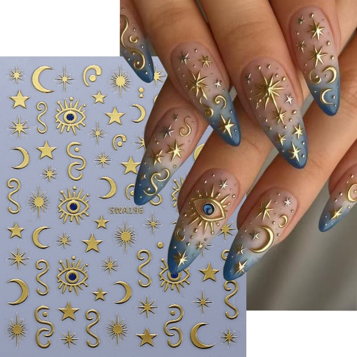 1pcs Bronzing Sun Star Nail Sticker Metallic Gold Silvery Laser Eyes Sun Moon Self Adhesive Decals Charm DIY Manicure Decor