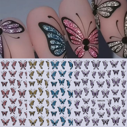 1pcs Glitter Butterfly Nail Art Stickers Colorful Butterfly DIY Self Adhesive Nail Decals Elegant Manicure Decoration Slider