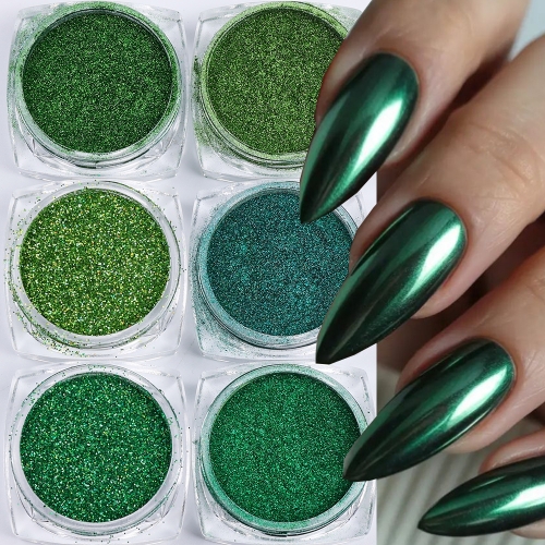 6jars/set St. Patrick's Day Green Chrome Nail Glitter Powder Four-leaf Clover Sequins Gel Polish Rubing Dust Manicure