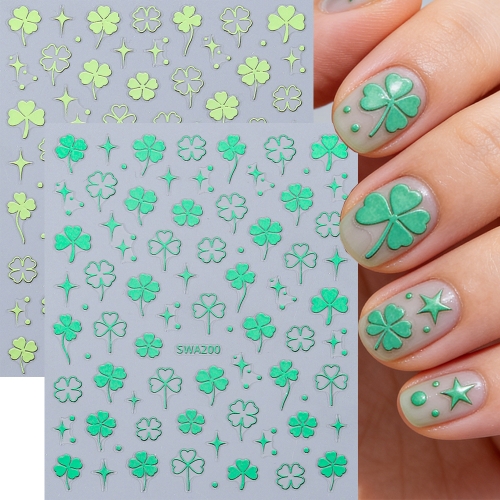 1pcs Green Four-Leaf Clover Nail Sticker Bronzing St. Patrick'S Day Design Hollow Leaf Star Adhesive Decal Spring Manicure Foils
