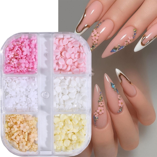 1box 3D Flower Nail Art Charms White and Pink Flowers with Golden Silvery White Beads Nail Decoration for Spring Nail Charms