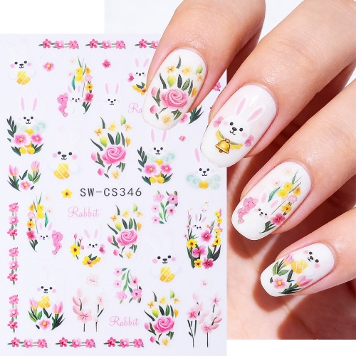 1pcs Cute Easter Bunny Nail Stickers Golden Rabbit Ears Flower Petals Design Adhesive Decals Spring Summer Manicure Decoration