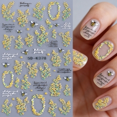 1pcs 5D Embossed Mimosa Flower Nail Art Sticker Self-adhesive Cute Bee Nail Decal for Women Spring Manicure Decoration