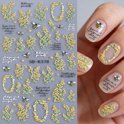 1pcs 5D Embossed Mimosa Flower Nail Art Sticker Self-adhesive Cute Bee Nail Decal for Women Spring Manicure Decoration