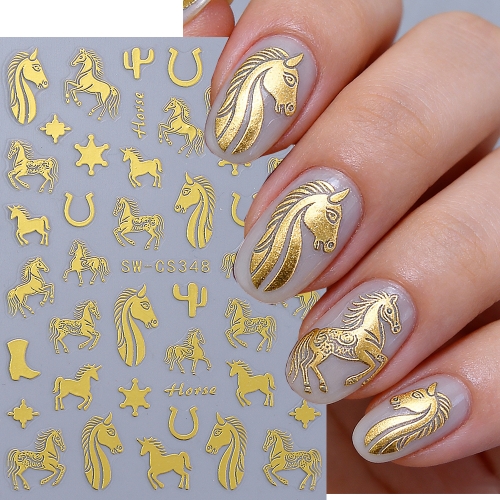 1pc Bronzing Horse Nail Stickers Horseshoe Chinese New Year Design Self Adhesive Decals DIY Elegant Manicure Decoration Sliders