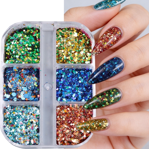 1box Iridescent Mixed Hexagon Nail Glitter Sequins Holo Flakes Nail Art Powder Gel Polish Manicure Accessories