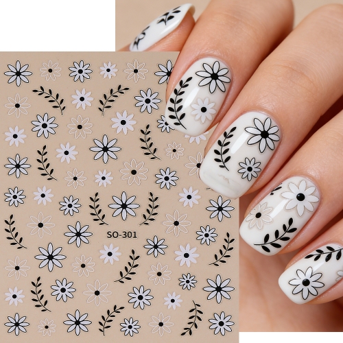 1pc Small Cute White Flower Nail Stickers Black Leaves Series Self-Adhesive Nail Art Decoration Wrap Fashion Manicure Set
