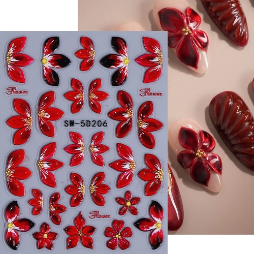 1pc 5D Embossed Red Flower Nail Art Stickers Self-adhesive Petals Nail Decals Slider Spring Manicure Decoration