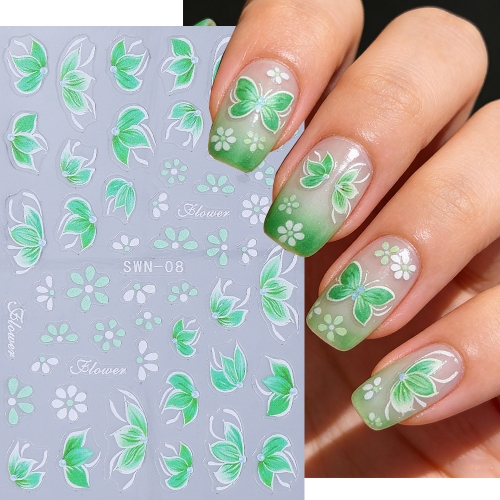 1pc Flowers Nail Stickers Green Petals French Design Nail Decals Self Adhesive Slider DIY Spring Manicure Decoration