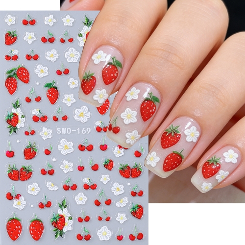 1pc  5D Embossed Kawaii Strawberry Cherry Nail Stickers White Floral Nail Art Decorations Cute Fruit Manicure Accessories