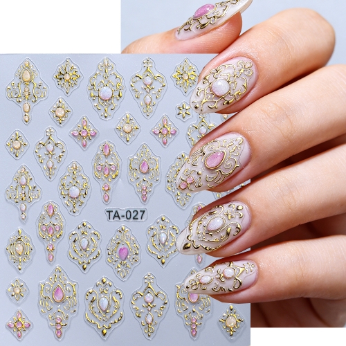 1pc Retro Palace Style Gold Foil Nail Art Stickers Luxury Imitation Gemstone Jewelry Nail Stickers DIY Manicure Nail Supplies