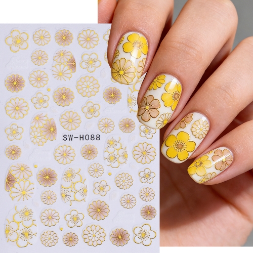 1pc Bronzing Flowers Nail Stickers Elegant Golden Edged Daisy Petals Leaves Self Adhesive Nail Decals DIY Manicure Decor