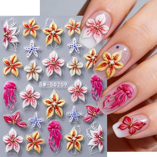 1pc 5D Embossed Floral Nail Stickers Spring Summer Colorful Lily Petal Starfish Seven-spotted  Ladybug Adhesive Hawaiian Flower Nail Decal